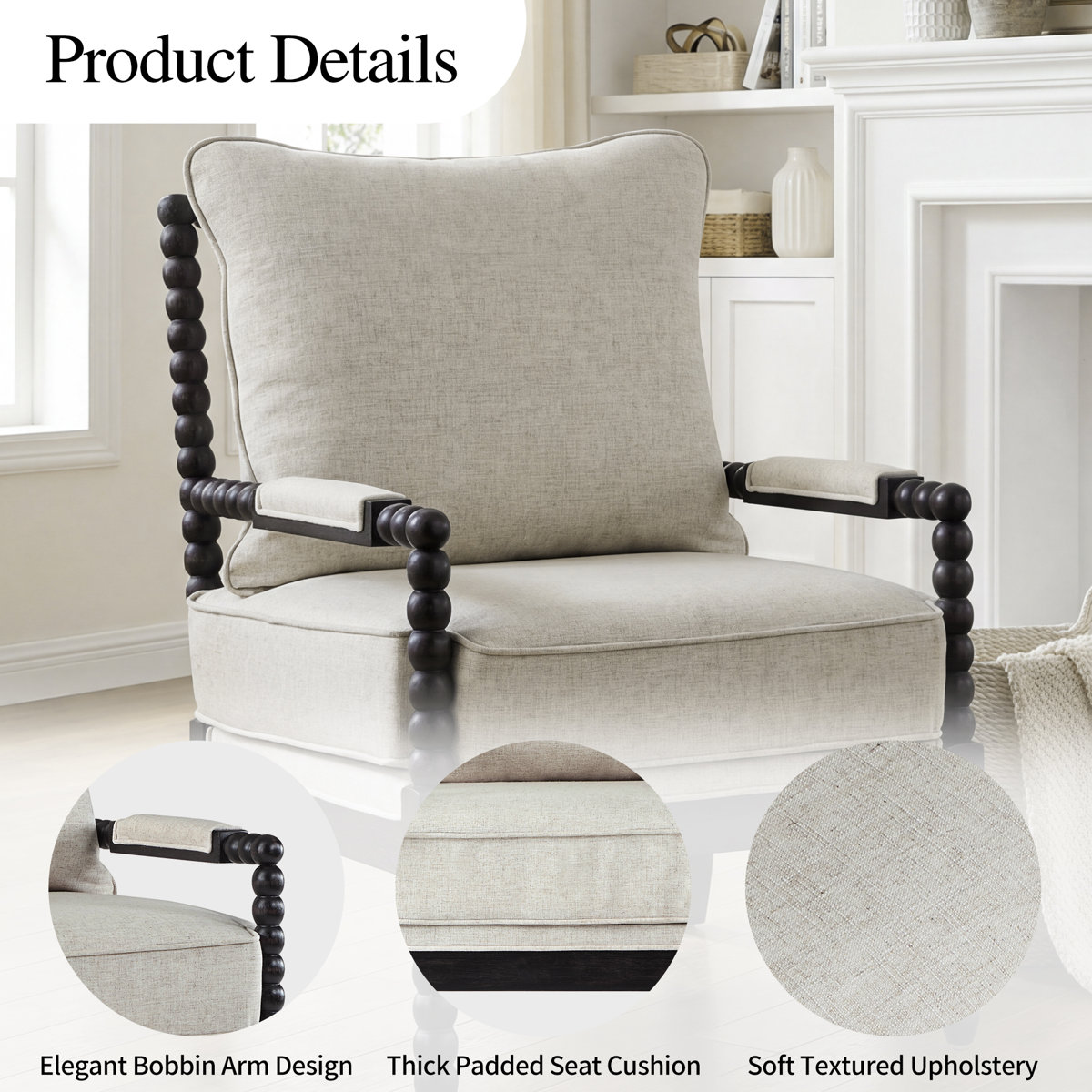 Lorentz Modern Farmhouse Accent Chair 25.5" Wide with Turned Wood and Solid Frame